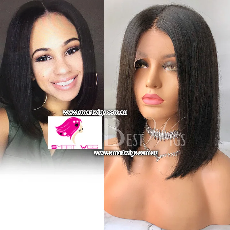 Peruvian - human - hair wig with a soft and manageable feelNatural Black Medium Bob Virgin Human Hair Lace Wig - SW1736