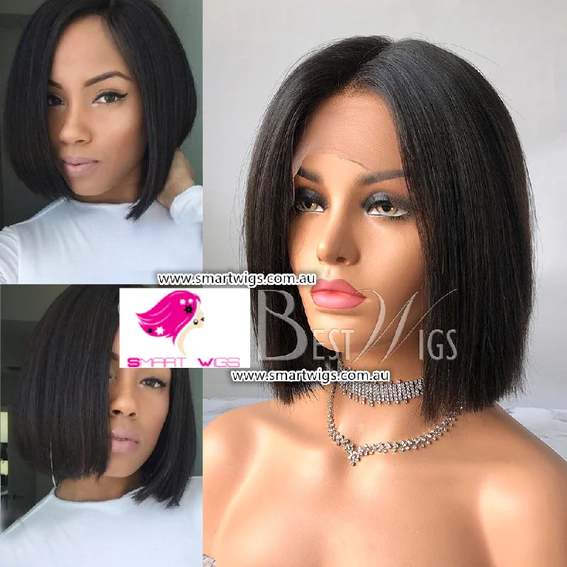 Adjustable - cap human - hair wig for a comfortable fitNatural Black Short Bob Virgin Human Hair Lace Wig - SW1798