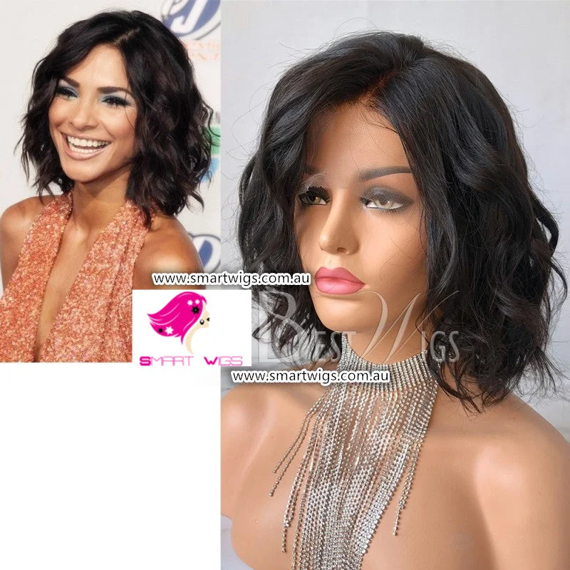 Human - hair wig with a side - swept bang for a sophisticated lookNatural Black Short Wavy Virgin Human Hair Lace Wig - SW1712