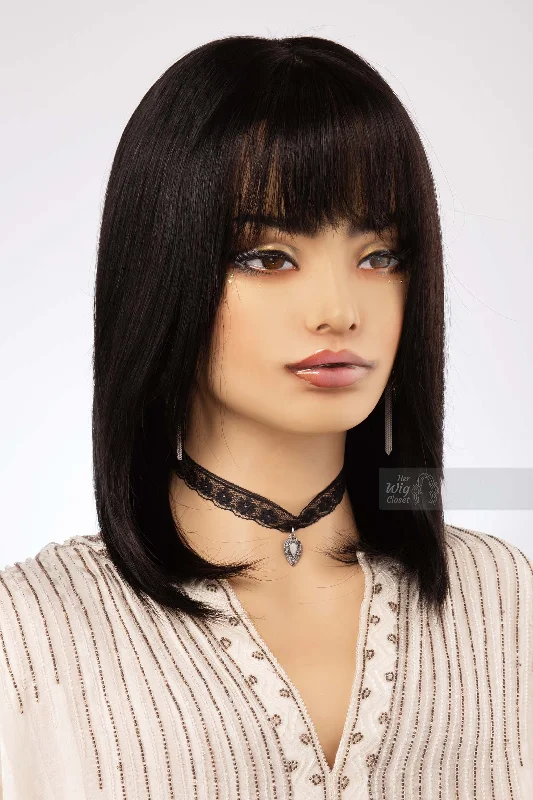 Human - hair wig with a straight texture for a sleek and minimalist lookNatural Black Straight Long Bob Human Hair Wig with bangs