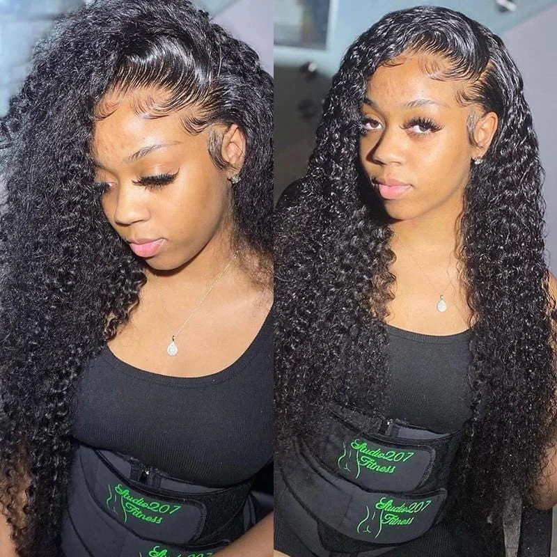 Human - hair wig in a jet - black color for a classic and timeless lookNatural Kinky Curly Glueless Human Hair Wig HD Transparent Lace Front Wigs Invisible Small Bleached Knots