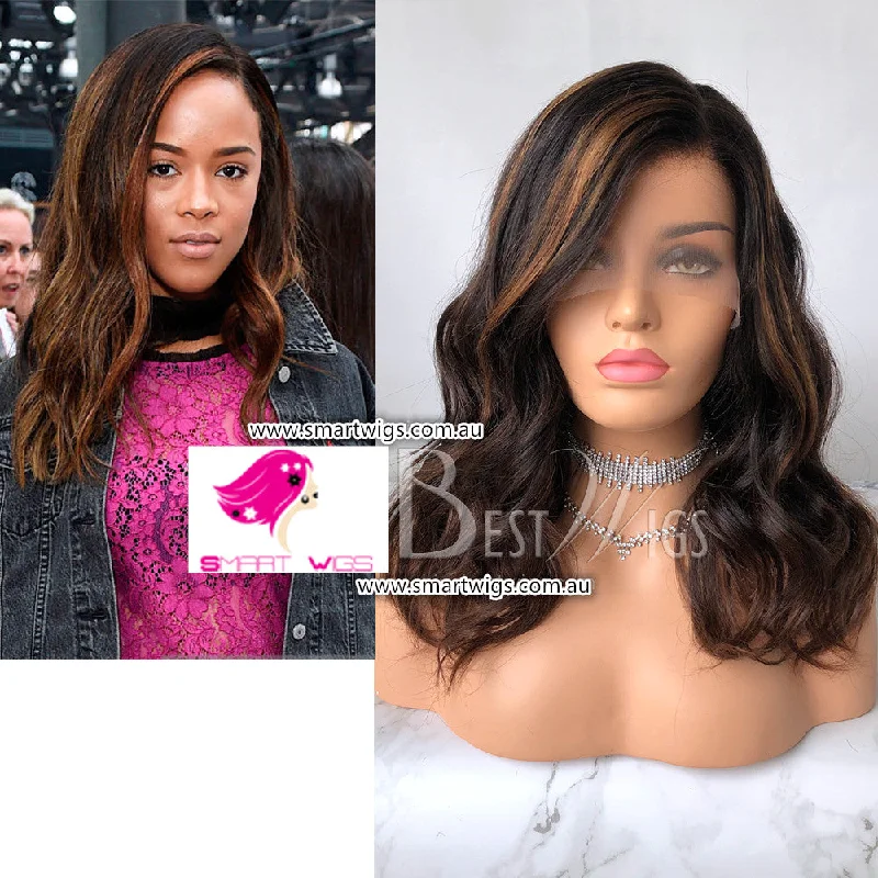 Adjustable - cap human - hair wig for a comfortable fitOmber Color Long Wavy Virgin Human Hair Lace Wig - SW1812