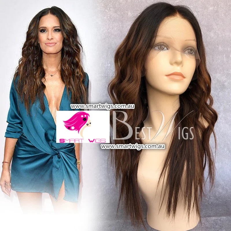 Indian - human - hair wig with a natural - looking shineOmber Color Long Wavy Middle Part Virgin Human Hair Lace Wig - SW1823