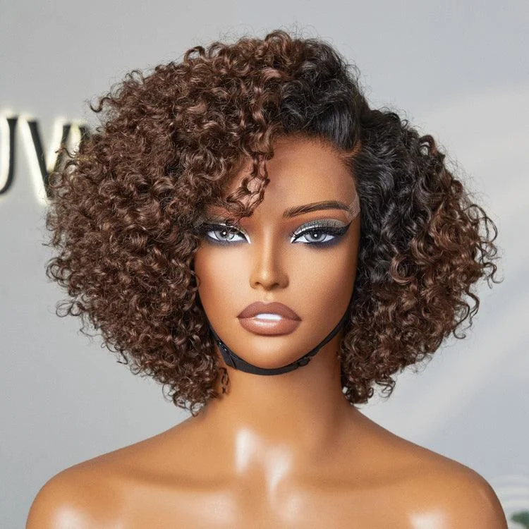 Human - hair wig with a straight texture for a sleek and minimalist lookOmbre Brown Fluffy Kinky Curl Glueless Minimalist HD Lace Wig Ready to Go