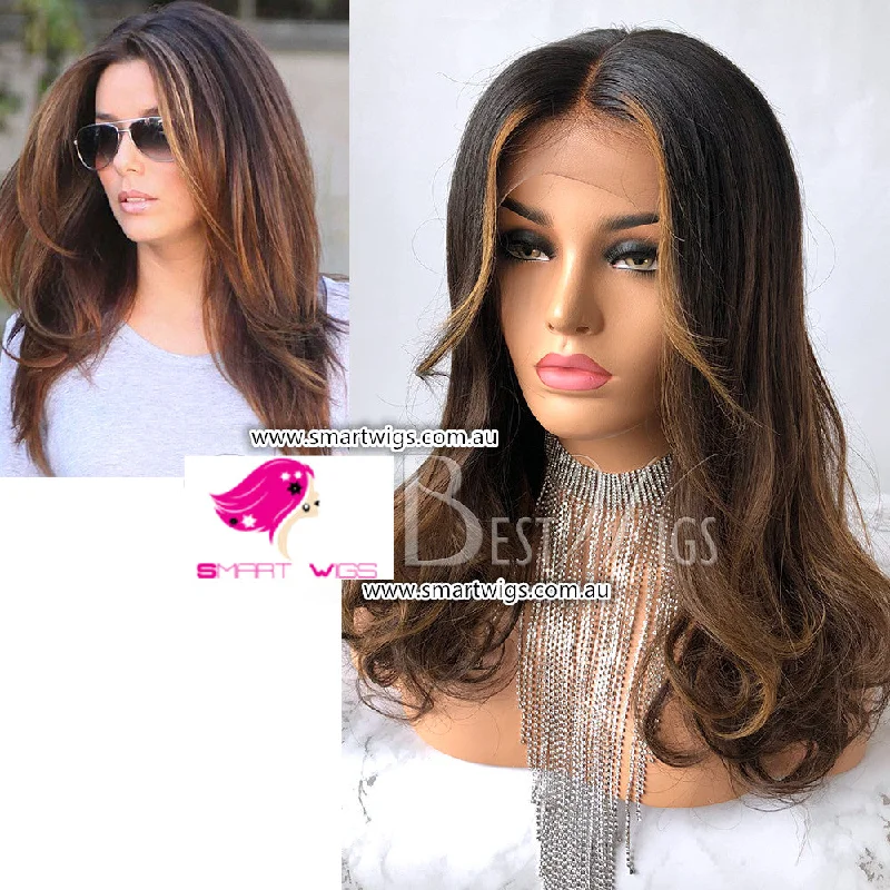 Virgin - human - hair wig with a natural - looking texture for a luxurious feelOmbre with highlights Long Wavy Virgin Human Hair Lace Wig - SW1847