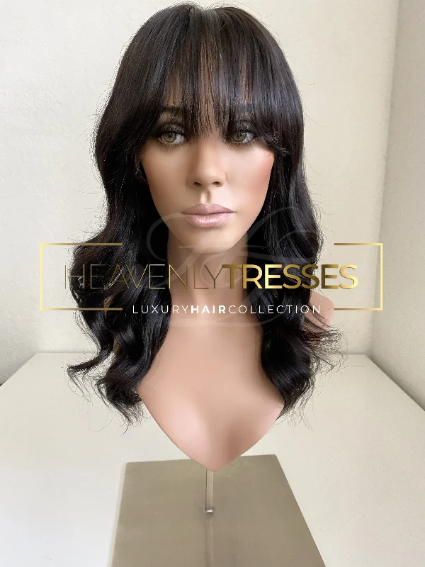 Full - lace wig with a natural - looking hairline for a seamless appearanceCLEARANCE! Virgin Cambodian Mocha Brown with Front Bangs- [ Ready to Ship ]