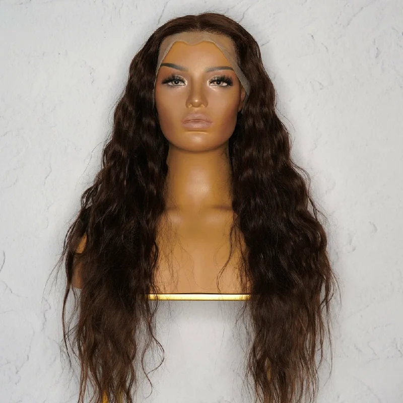 Human - hair wig with a wispy fringe for a soft and feminine lookRIRI 26" Dark Brown Wavy Human Hair Lace Front Wig