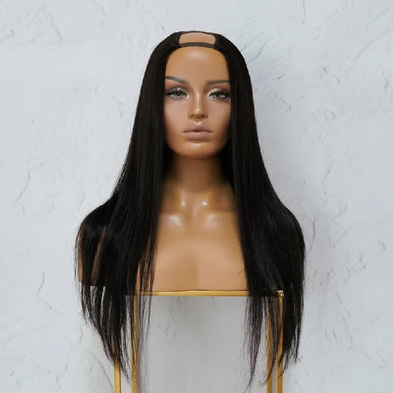 Human - hair wig with a pre - plucked hairline for a more natural lookSARAH Black Human Hair U Part Wig