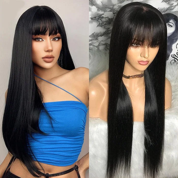 Indian - human - hair wig with a natural - looking shineStraight 2x4 HD Lace Glueless Human Hair Wigs With Bangs For Black Women| Beginner Friendly