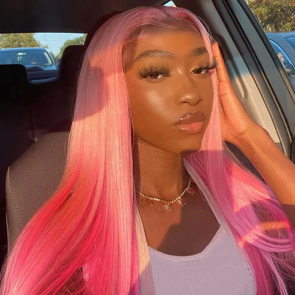 Human - hair wig with a wispy fringe for a soft and feminine lookBarbie Pink Straight Human Hair Wigs HD Lace Frontal Wig Ombre Rose Pink Color Pre Plucked