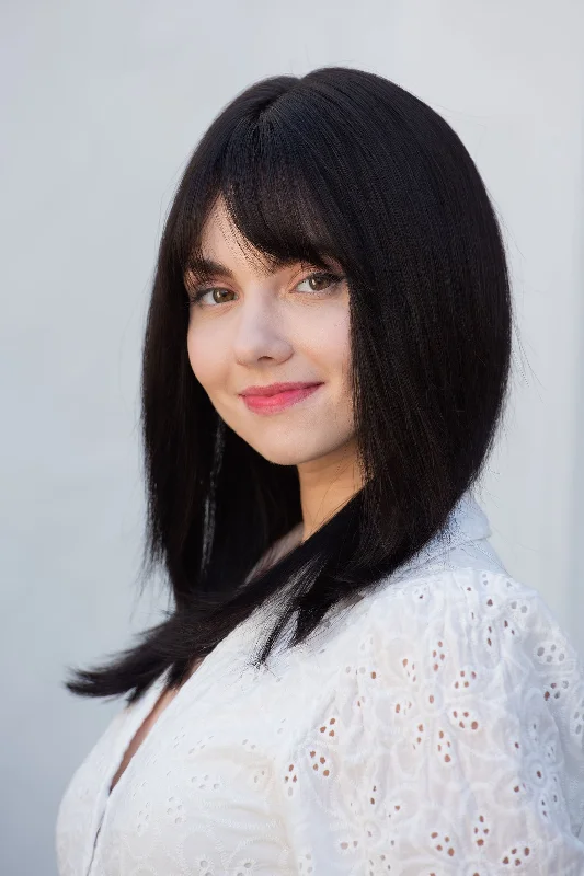 Human - hair wig with a side - part for a more flattering appearanceStraight Long Bob Cut Wig Natural Black Wig with Bangs