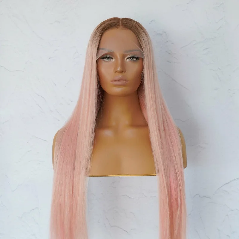 Human - hair wig with a honey - blonde color for a warm and sunny lookSUGAR Pink Human Hair Lace Front Wig