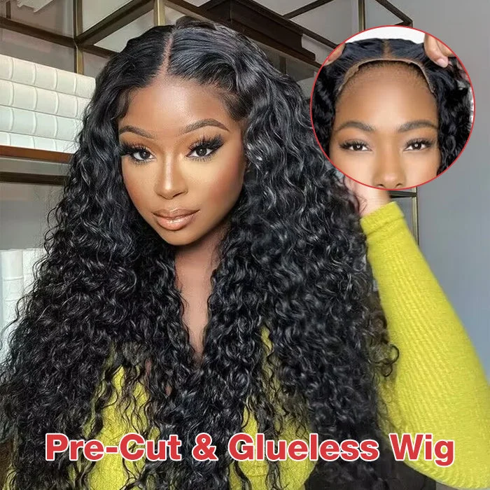 Human - hair wig with a wispy fringe for a soft and feminine lookUpgraded 8X5/5X5  HD Lace Glueless Water Wave Wig 13X6 Wear Go Pre Cut Lace Closure Human Hair Wigs