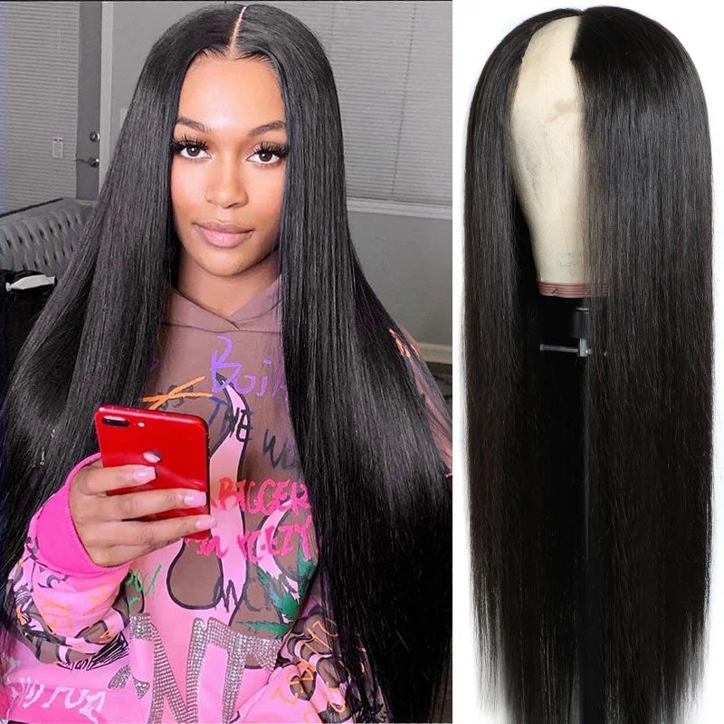 Virgin - human - hair wig with a natural - looking texture for a luxurious feelUpgraded Durable V Shape Glueless Wig Human Hair Straight Beginner Friendly Natural U Part Wig