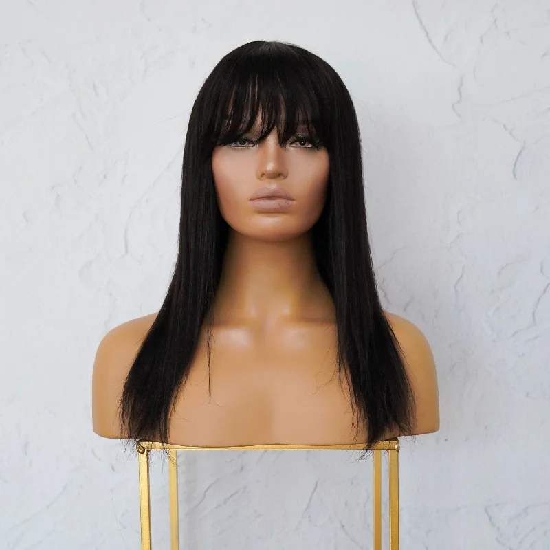 Human - hair wig with a wavy texture for a beachy and relaxed lookVICTORIA Black Human Hair Fringe Wig