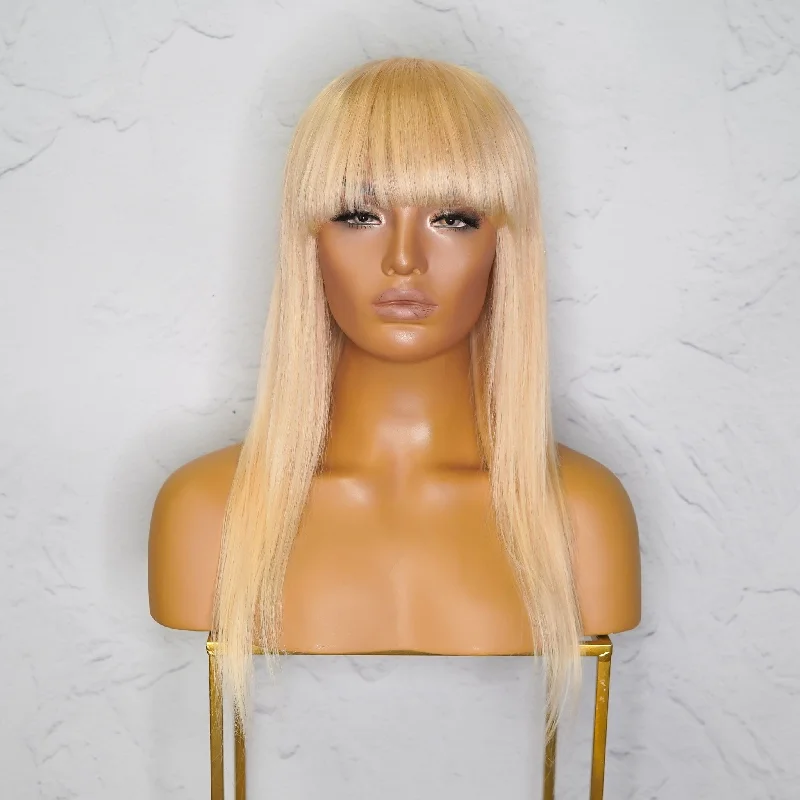 Human - hair wig with a side - part for a more flattering appearanceVICTORIA Blonde Human Hair Fringe Wig