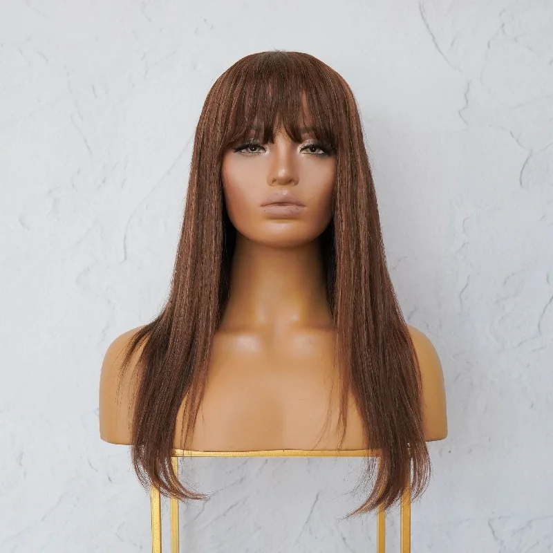 Brazilian - human - hair wig with a full and voluminous lookVICTORIA Brown Human Hair Fringe Wig