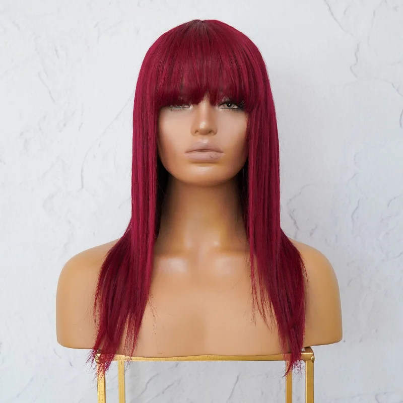 Human - hair wig with a curly texture for a bold and stylish choiceVICTORIA Burgundy Red Human Hair Fringe Wig