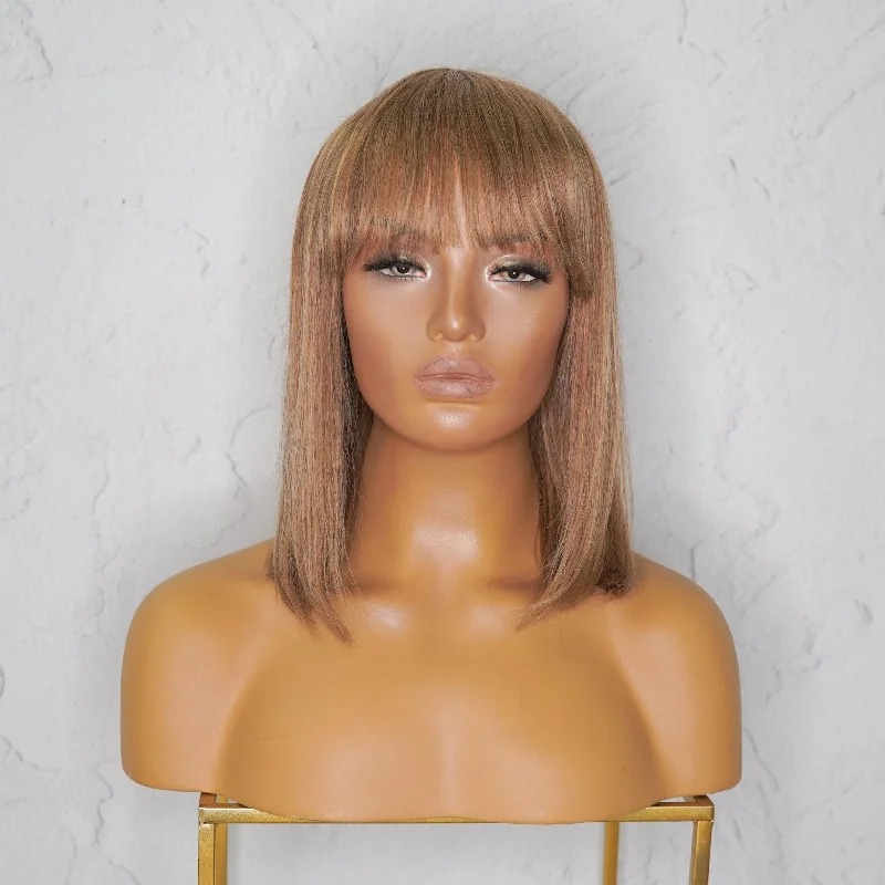 Human - hair wig with a pre - plucked hairline for a more natural lookVICTORIA Caramel Human Hair Fringe Wig