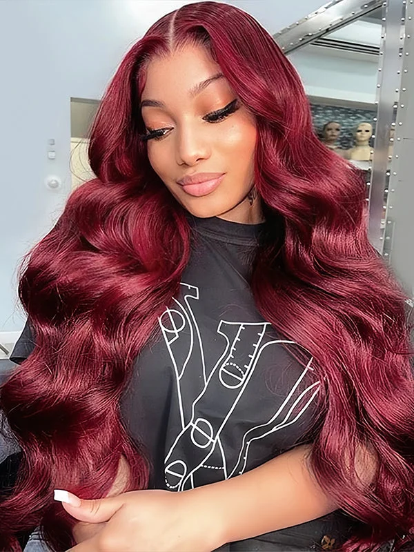 Lace wig with a honey - blonde color for a warm and sunny appearanceWavymy Burgundy 99J Colored Wear Go Wigs Glueless 4x6 Lace Closure Wig 180% Density