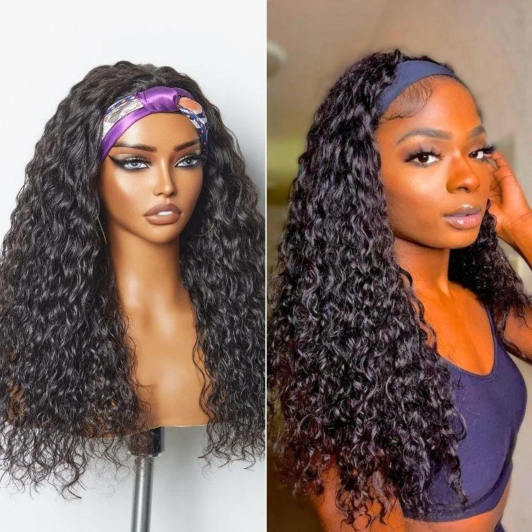 Adjustable - cap human - hair wig for a comfortable fitWet And Wavy | Throw On & Go Water Wave Glueless Long Headband Wig (Get 2 Free Random Headbands)