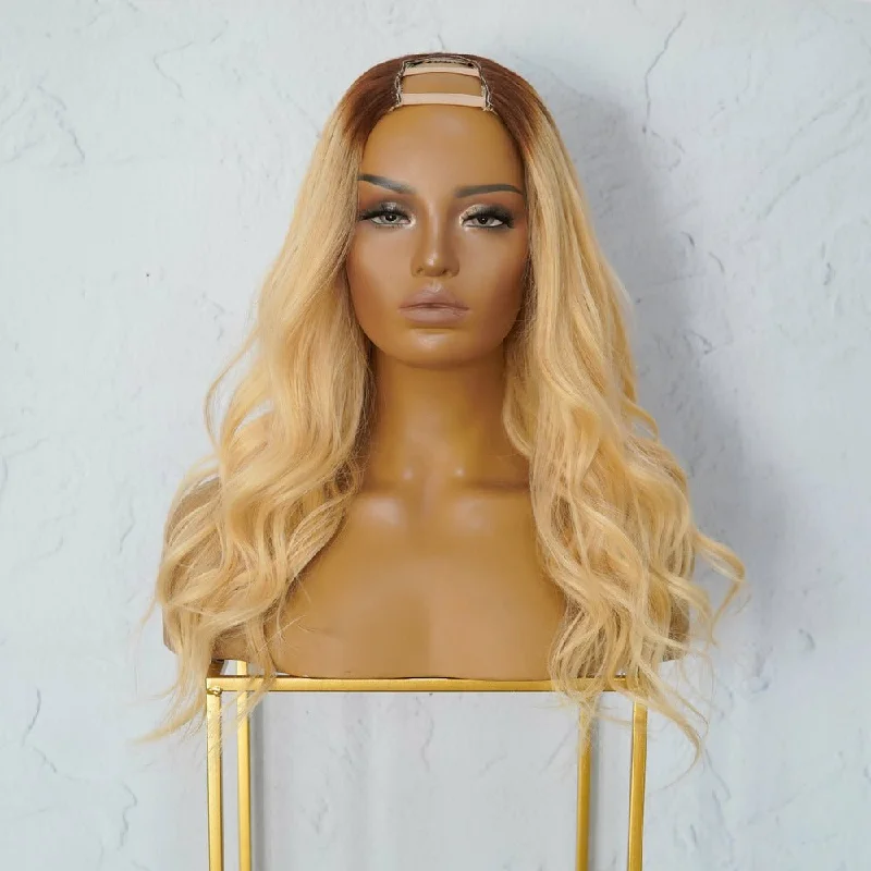 Brazilian - human - hair wig with a full and voluminous lookWILLOW Ombre Blonde Human Hair U Part Wig