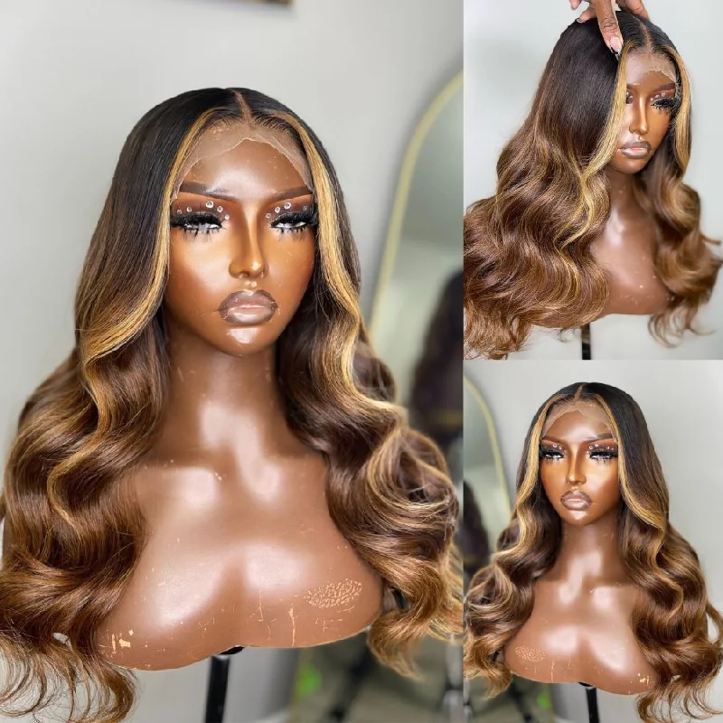 Lace wig with a pre - bleached knot for a natural - looking scalpWOWANGEL Blonde Highlight 13x4 HD Lace Full Frontal Wigs Body Wave