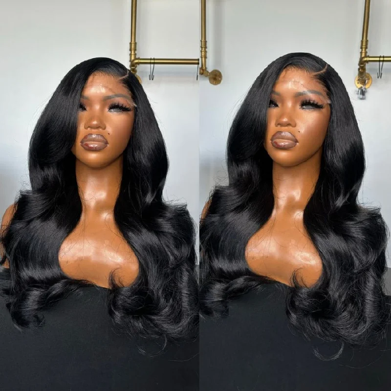 Lace wig with a 13x4 lace frontal for a wide - parting areaWOWANGEL Jet Black 6x6 Skinlike Real HD Lace Closure Wig Body Wave Glueless Wig