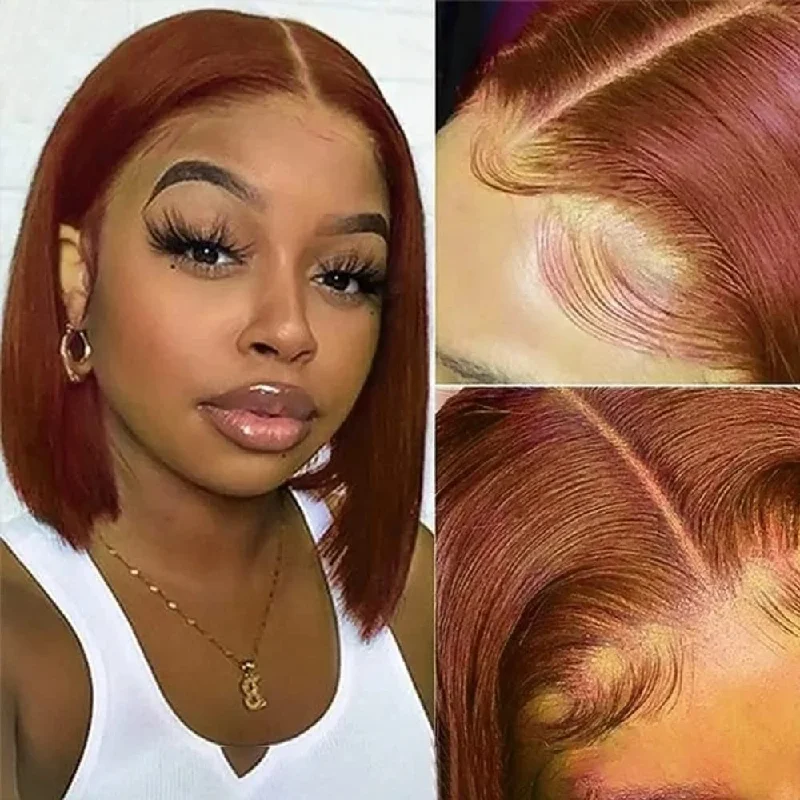 Colored wig with a side - part for a more flattering appearanceReddish Brown Colored Human Hair Wig 13x4/4x4 HD Lace Front Wig Short Bob Wigs