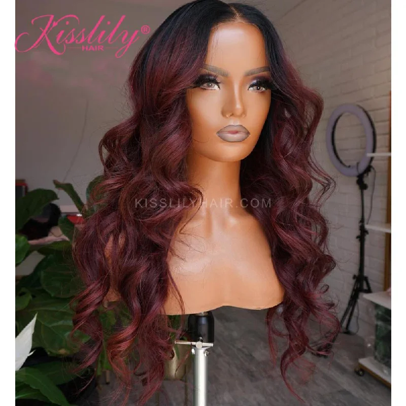 Colored wig in a vibrant pink color for a bold and eye - catching lookKisslily Hair 13x4 Burgundy Lace Front Wig Human Hair Colored Body Wave Wig Pre Plucked 180% Density [CHC74]