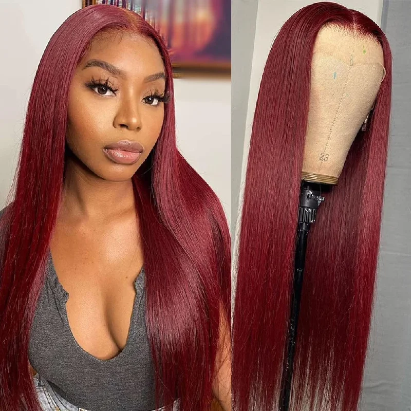 Colored wig in a vibrant pink color for a bold and eye - catching look99j Burgundy Wig 13x4 HD Lace Front Wigs Straight Human Hair Wigs