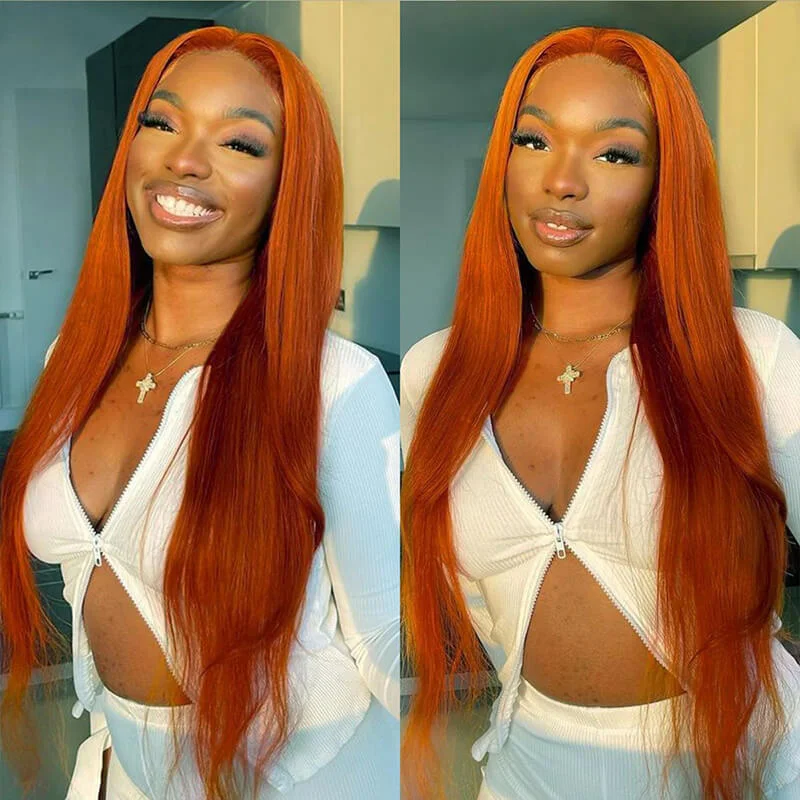 Colored wig with a middle - part for a classic and elegant style13x4 HD Lace Front Wigs Orange Ginger Color Straight Human Hair Wigs