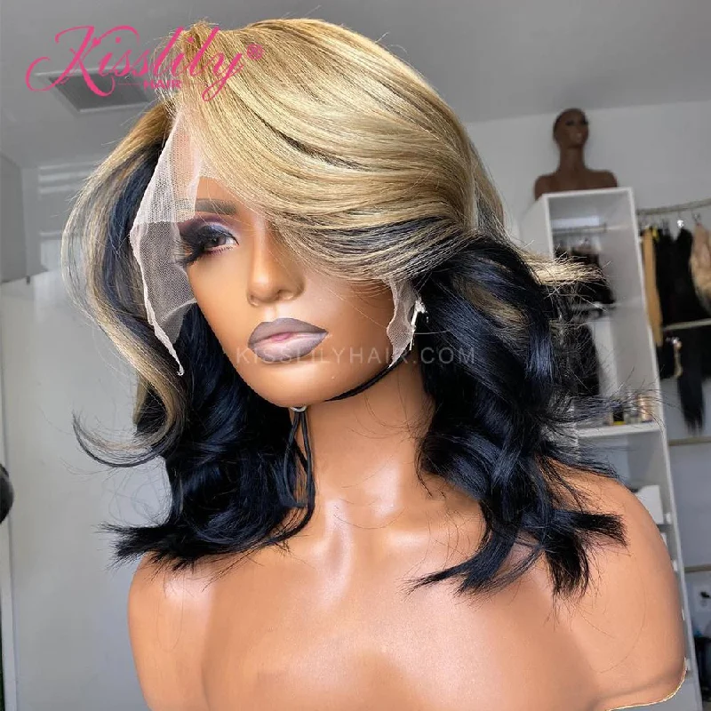 Colored wig with a curly texture for a bold and stylish choiceKisslily Hair 13x4 honey Blonde Bob Short Wavy Wig 180% Density Lace Front Human Hair Wig [CDC51]