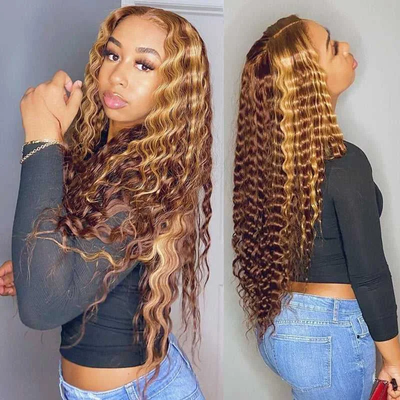 Colored wig with a side - swept bang for a sophisticated look13x6 Lace Front Highlight Deep Wave Wig Human Hair Wig Lace Wig 16-30 INCH