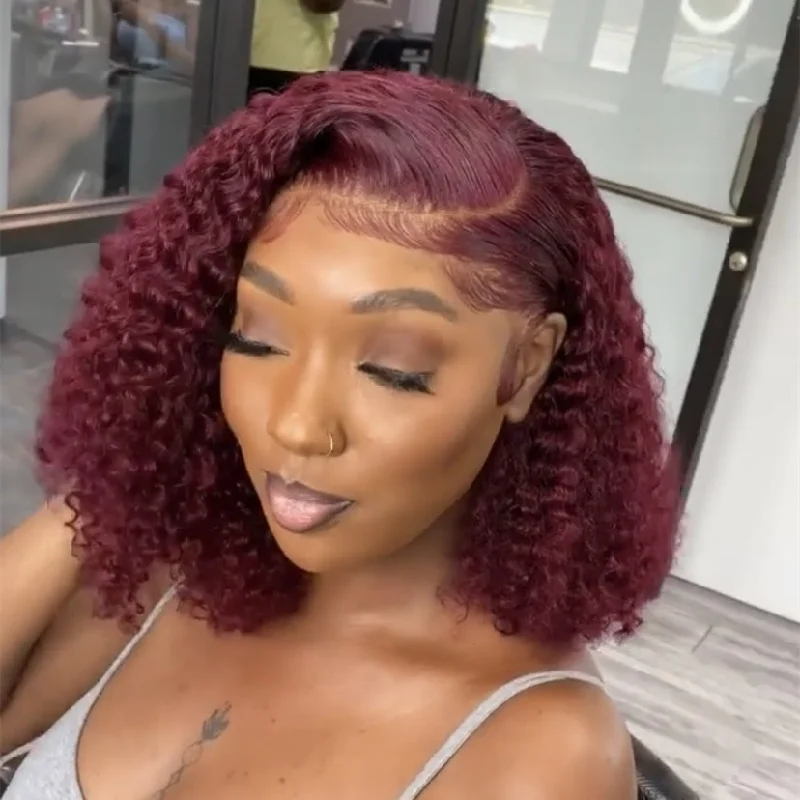 Colored wig with a wispy fringe for a soft and feminine lookLace Frontal Burgundy Color Curly Human Hair Wig