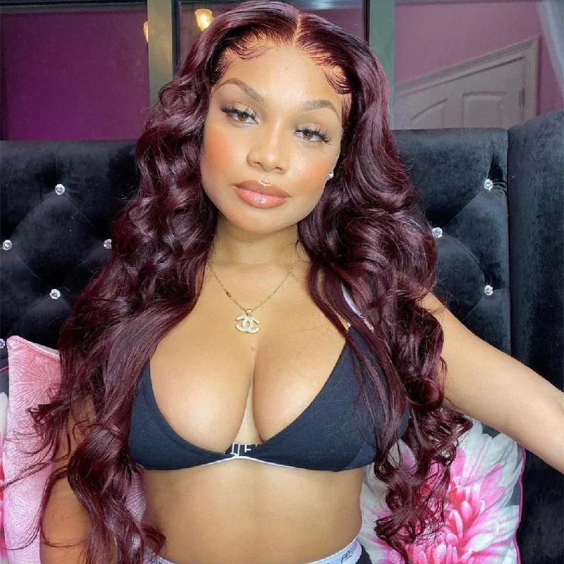 Colored wig with a purple - violet shade for a regal and elegant look13x6 Lace Frontal Human Hair Wine Color Wig Loose Wave Style