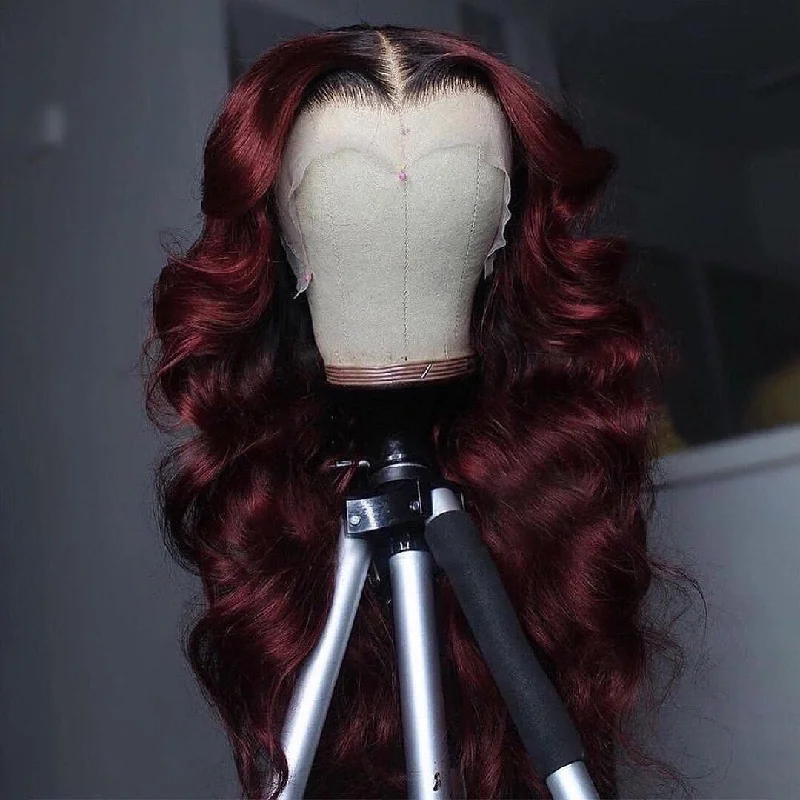 Colored wig with a side - part for a more flattering appearance1B Dark Red Lace Frontal Human Hair Wig Body Wave Style