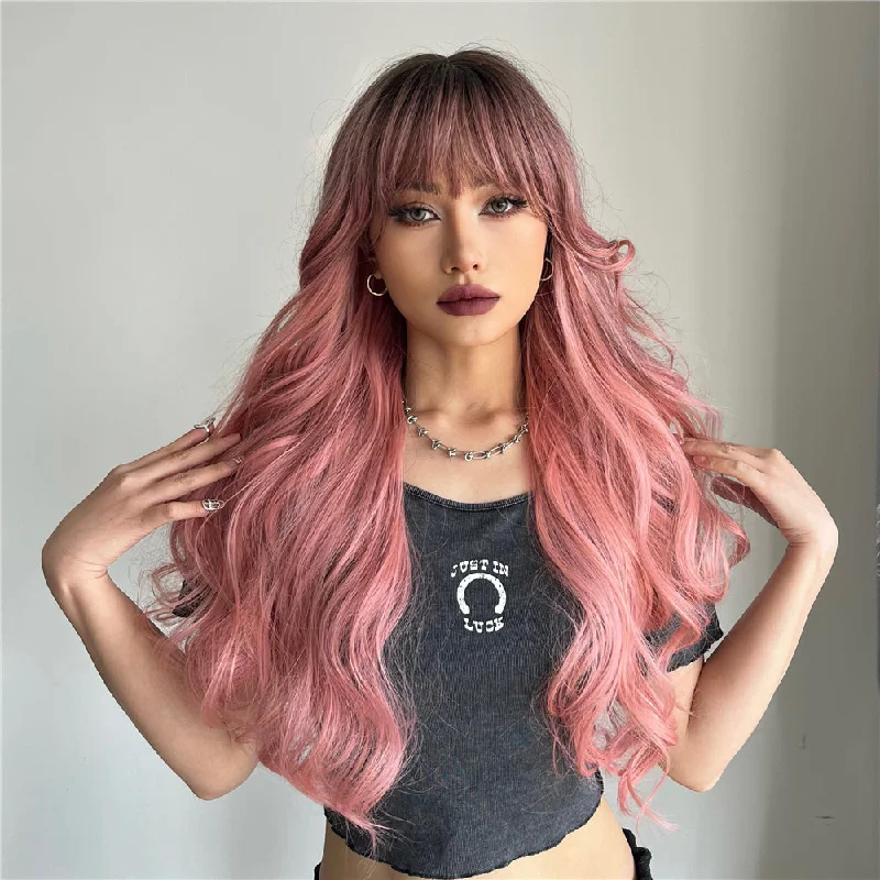 Colored wig with a pre - bleached knot for a natural - looking scalp22 Inches Natural Wave Rose Gold Synthetic Wig-Naomi