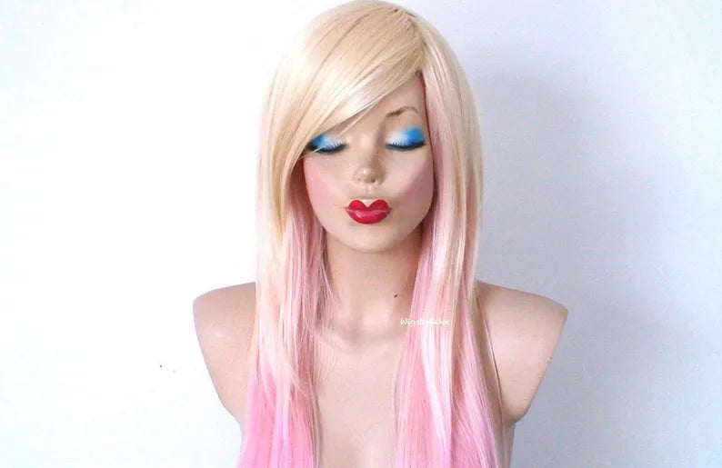 Colored wig with a pre - bleached knot for a natural - looking scalp24" Blonde Pink Ombre Straight Hair Side Bangs Wig