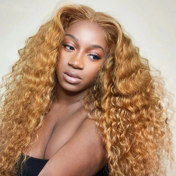 Colored wig with a 150 - density for a full and thick appearanceHedy Hair #27 Honey Blonde Deep Wave HD Lace Front Wigs High Density