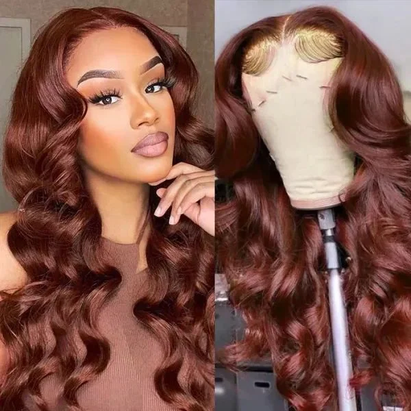 Colored wig with a side - part for a more flattering appearanceReddish Brown Auburn Color Body Wave Human Hair Wigs 13x4 HD Lace Front Wigs