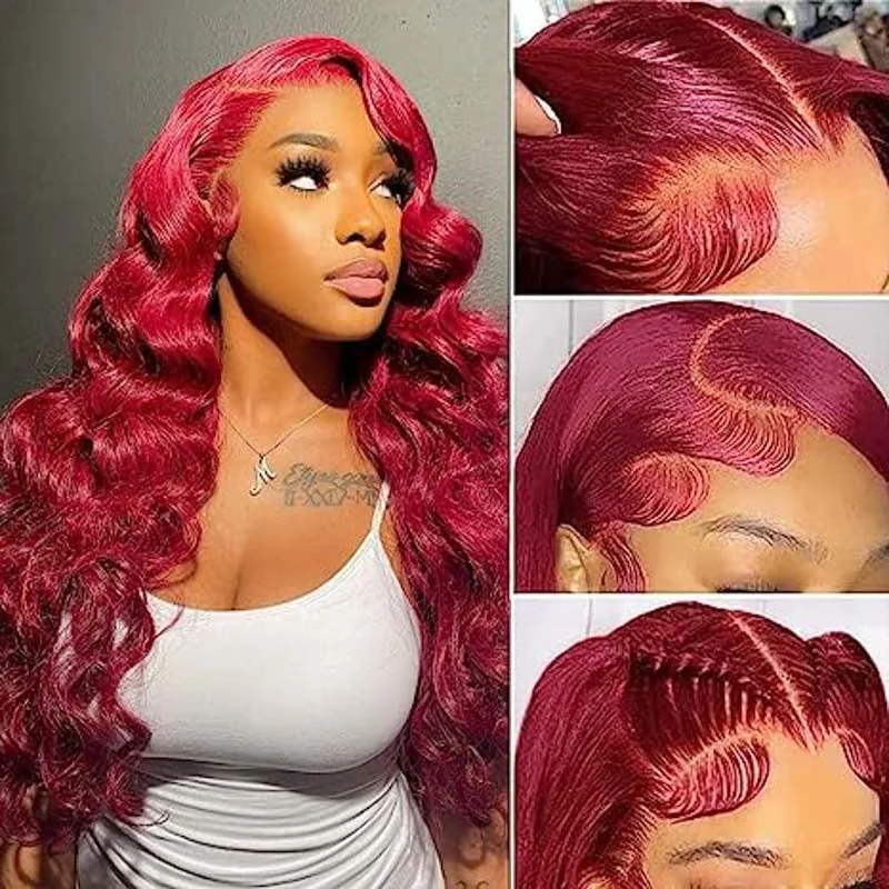 Colored wig with a wispy fringe for a soft and feminine look360 Full Lace Front Wigs #99J Burgundy Wig Body Wave Wig Frontal Human Hair Wig