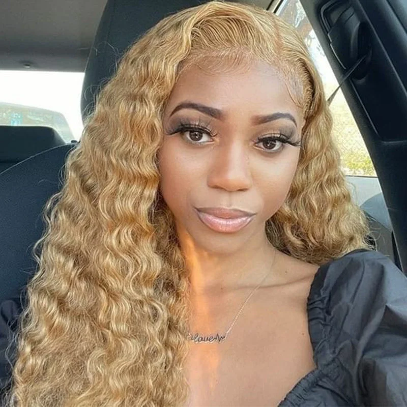 Colored wig with a natural - looking root for a more realistic lookFABA Honey Blonde Wig 360 HD Transparent Lace Wig Pre-plucked Deep Wave Wig 150% Density