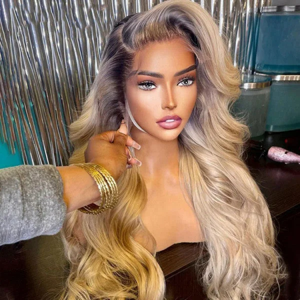 Colored wig with a straight texture for a sleek and minimalist lookNew In Ash Blonde Ombre Wigs 13x4  HD Lace Front Human Hair Wigs 180% Density