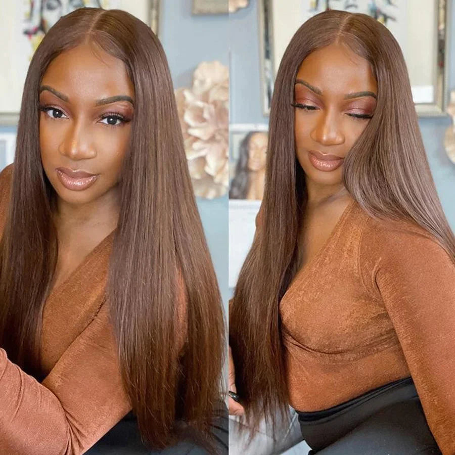 Colored wig with a natural - looking root for a more realistic lookHedy #4 Chestnut Color 13x4 HD Lace Front Wigs Pre Plucked  Straight Human Hair Wigs