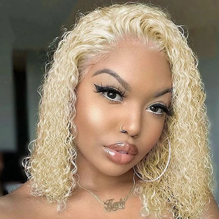 Adjustable - cap colored wig for a comfortable fitBlonde Wig Curly Short Bob Wig #613 Color 180% Density 13x4/13x6 Lace Front Wig