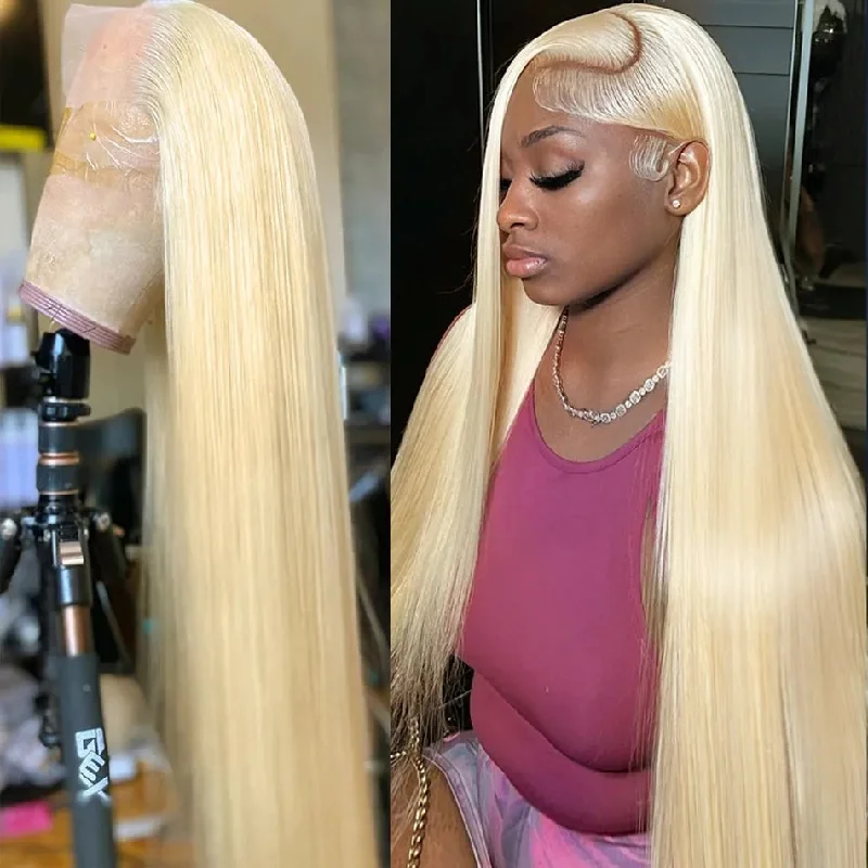 Colored wig with a side - swept bang for a sophisticated look613 Hair Color Pre Cut Lace Front Wig Straight Human Hair Ready to Wear Glueless Lace Frontal Wig Style