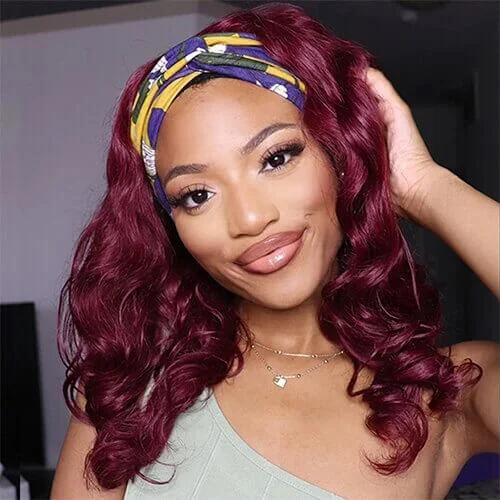 Colored wig with a side - part for a more flattering appearance99J Burgundy Color Headband Wigs | Throw On & Go