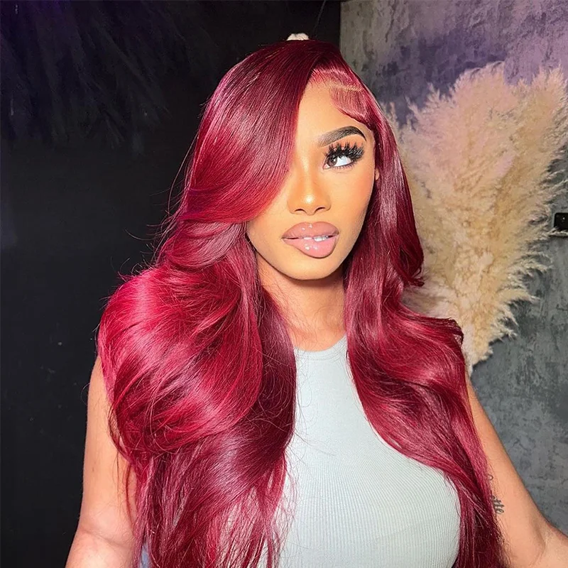 Colored wig with a curly texture for a bold and stylish choice#99J Burgundy Color Wig Body Wave Wig 4x4/13x4/13x6 Lace Front Wig Pre-Cut 150% Density