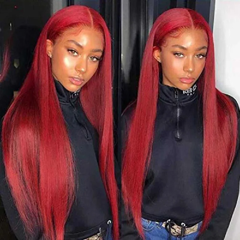 Colored wig with a side - part for a more flattering appearanceBurgundy Lace Front Wig Straight Hair 13*1 T Part Lace Wigs For Women